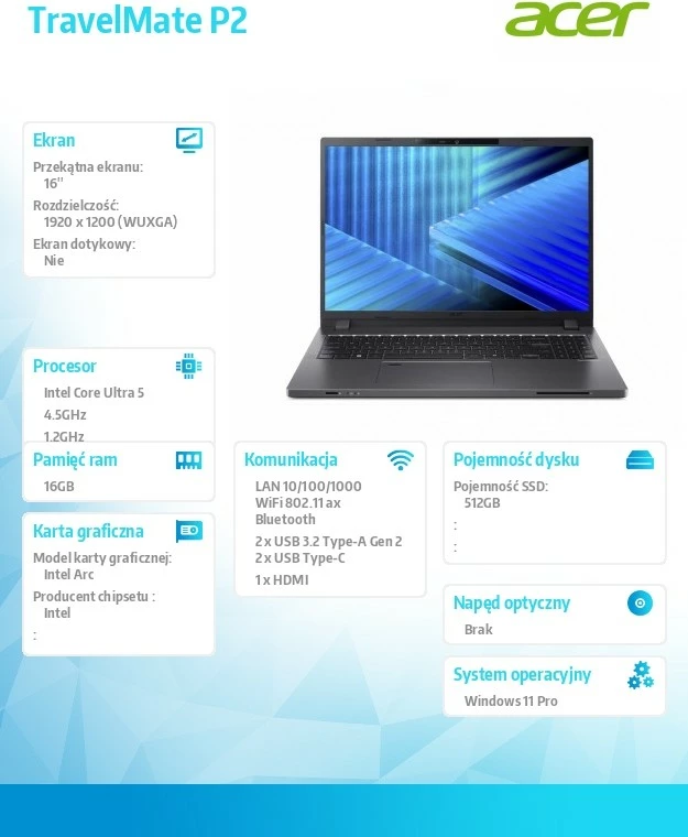 Laptop Acer TravelMate P2 TMP216-71-G3-TCO Core Ultra 5 125H 16GB RAM 512GB SSD Windows 11 Pro Gri