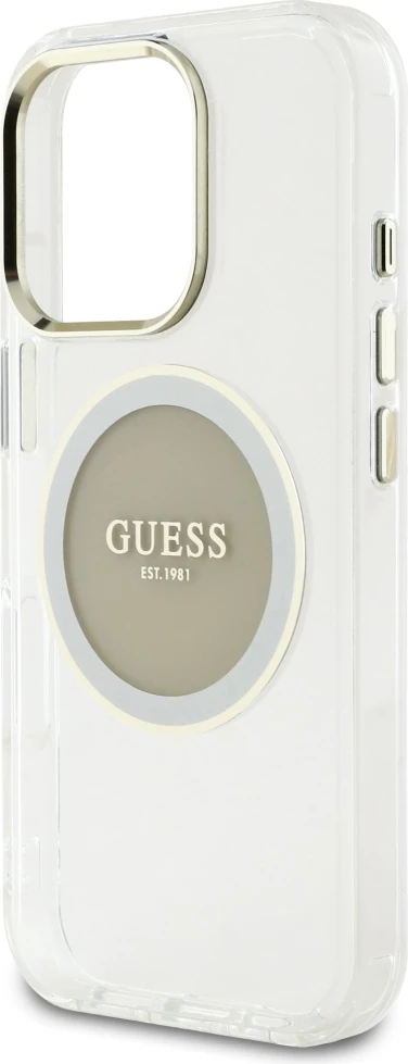 Mbështjellës Guess IML Metal Colored Circle Classic Logo MagSafe për iPhone 16 Pro, Gri