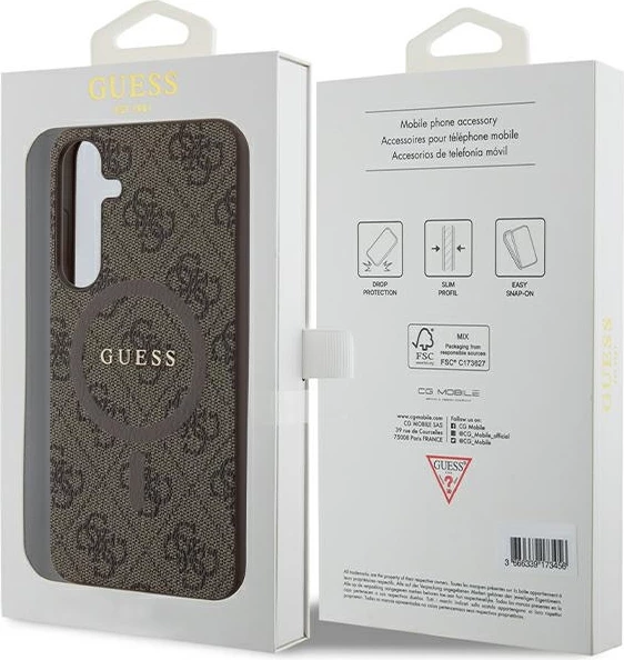 Mbështjellës Guess 4G Collection Leather Metal Logo MagSafe për Samsung Galaxy S24+, kafe