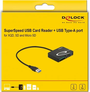 Lexues kartelash DeLOCK për XQD/SD/microSD me USB Type-A, kabllo 25 cm, i zi