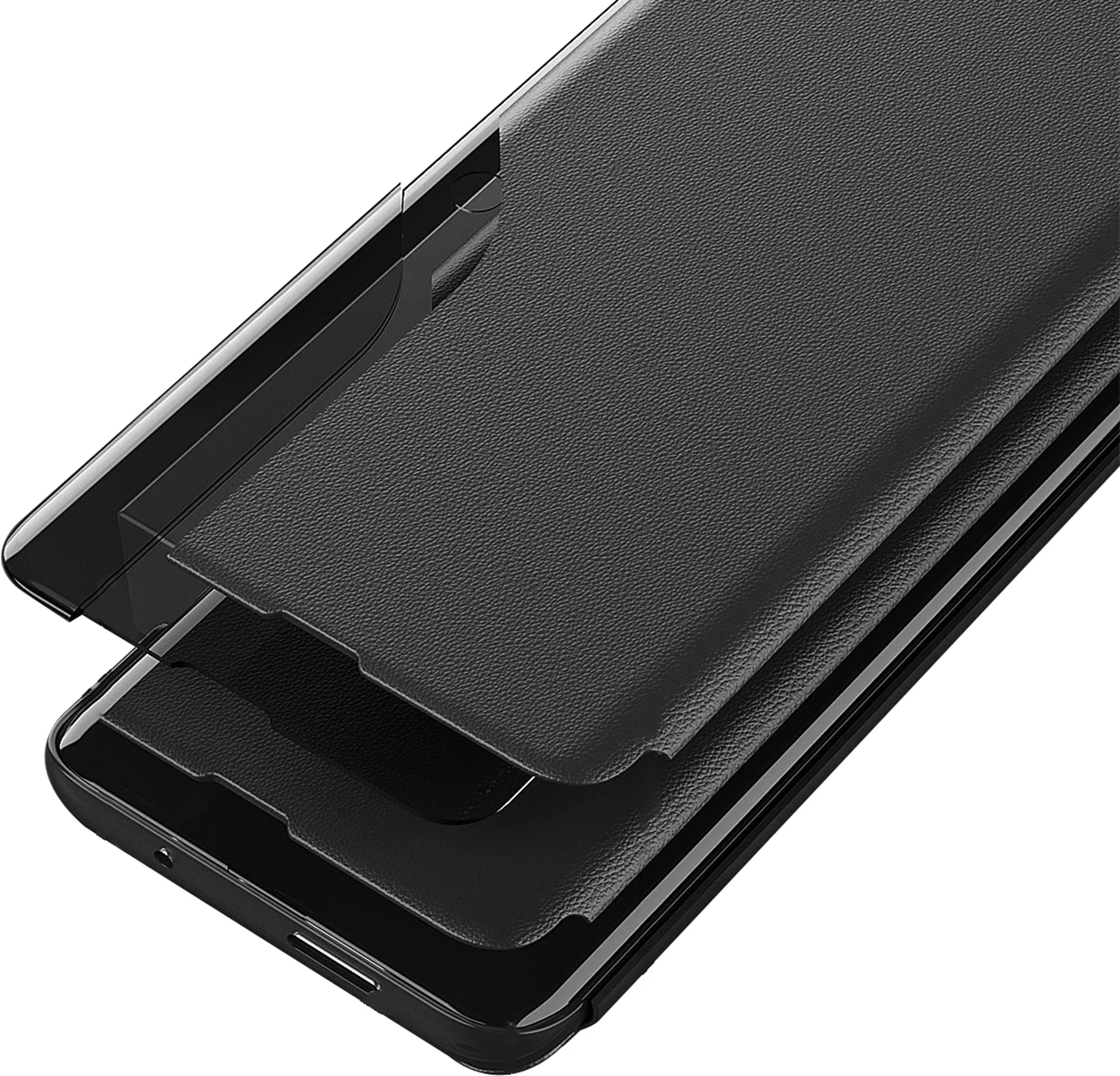 Mbështjellës Hurtel Eco Leather View Case për iPhone 16e, me kapak dhe mbajtëse, i zi