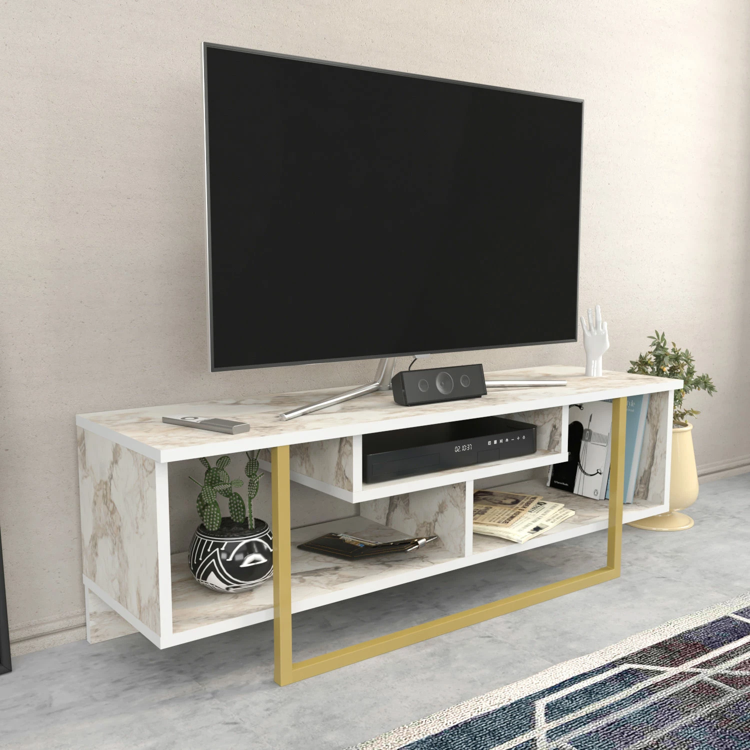 Komodë TV Hanah Home, Asal 120, ngjyrë e bardhë dhe ari, Ephesus