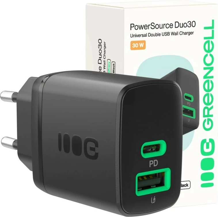 Karikues muri, Green Cell PowerSource Duo30 CHARB-GC-30AC-B, 30W, 1x USB-C PD + 1x USB-A, i zi