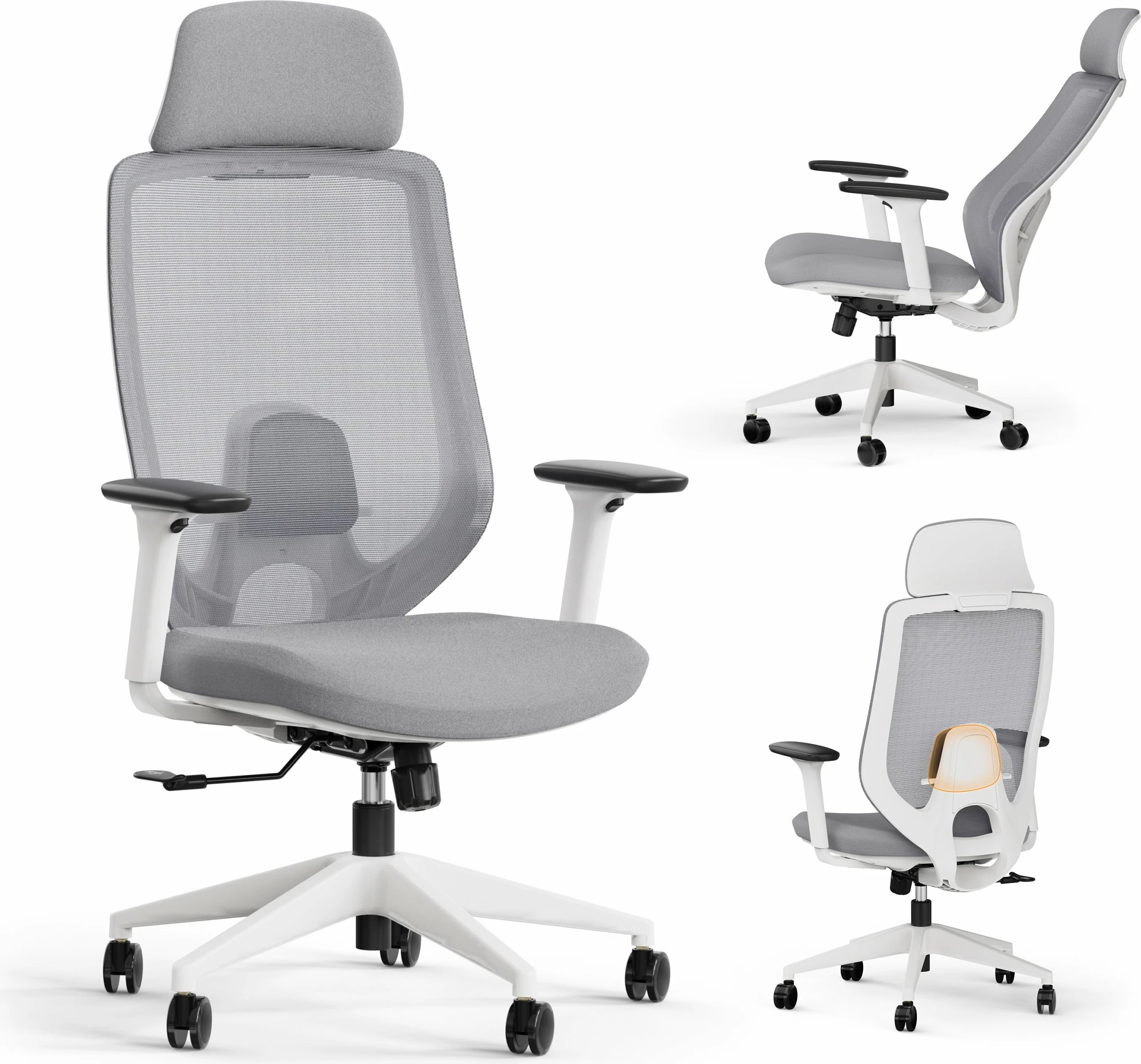 Karrige zyre SENSE7 Nakai, ergonomike me rrota, mbështetëse koke, krahë 3D, 150 kg, bardhë-gri