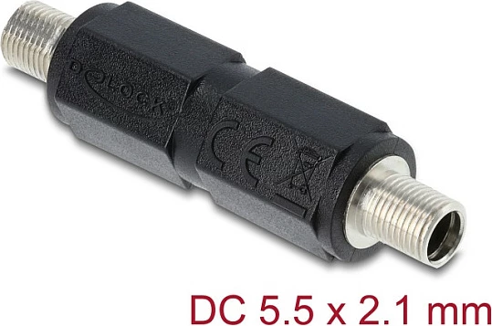 Adapter DC barrel jack DeLOCK 5.5x2.1mm femër-në-femër me filetë, i zi