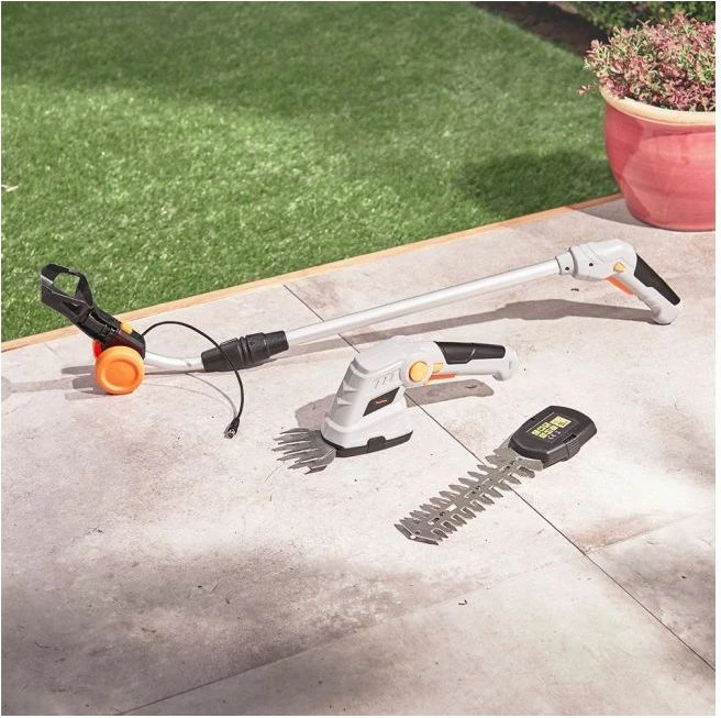 Gërshërë pa kabllo për gardh dhe bar VONHAUS 2500257 2-në-1, teh 170 mm + 90 mm, dorezë teleskopike 85–113 cm, gri/portokalli