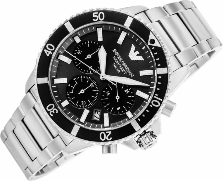 Orë dore meshkujsh Emporio Armani World Explorer AR11739, e zezë/argjendtë, set me kuti
