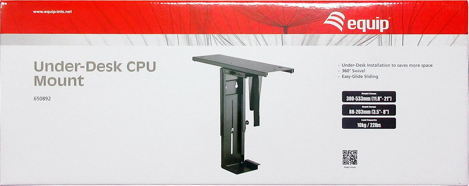 Mbajtës nën tavolinë për kasë PC EQUIP, 10 kg, rrotullim 180°, çelik, i zi