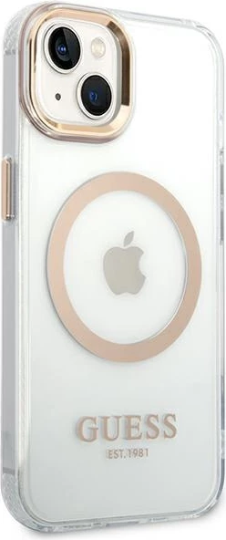 Mbështjellës Guess GUHMP14SHTRMD për iPhone 14 6.1", Metal Outline Magsafe, Transparent/Gold