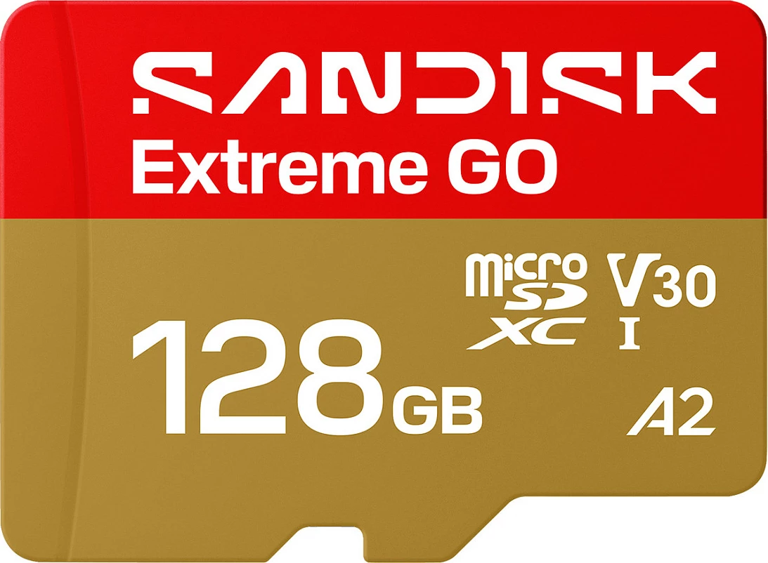 Kartelë memorie microSDXC SanDisk Extreme GO, 128GB, UHS-I U3 V30 A2, 240MB/s, artë/kuqe