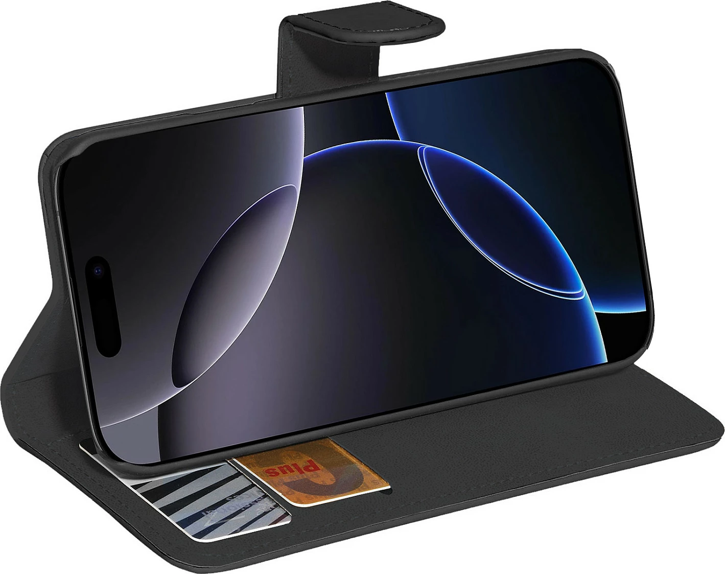Mbështjellës PEDEA 50160993 Wallet për iPhone 16 Pro, me xhepa kartelash, stand, mbyllje magnetike, i zi