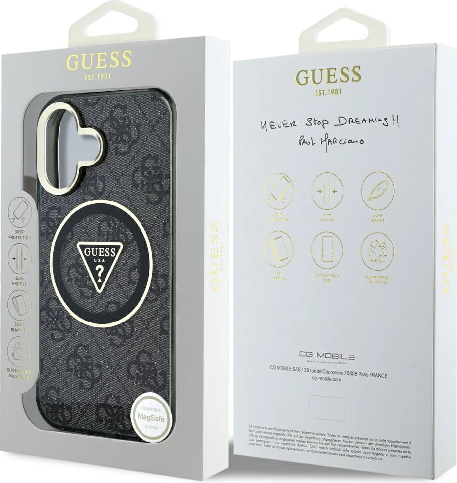 Mbështjellës Guess IML Metal Glitter 4G Circle Triangle MagSafe për iPhone 16, i zi
