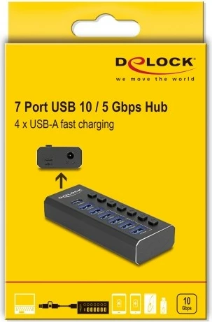 USB hub DeLOCK 7 porta, 4x 10 Gbps, 4x karikim i shpejtë, me çelësa, i zi
