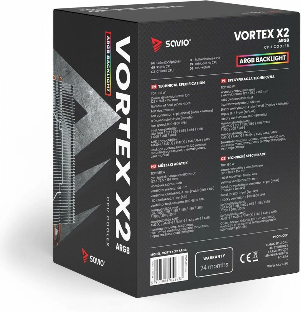 Kasë ftohëse procesori Savio Vortex X2 ARGB, 120 mm, 4 heatpipe, ARGB
