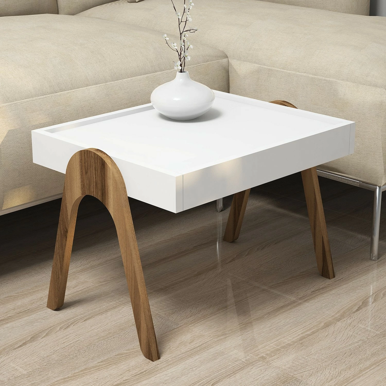 Set tavolinash ndihmëse, 3 copë, Hanah Home Roma, ngjyrë arre dhe e bardhë