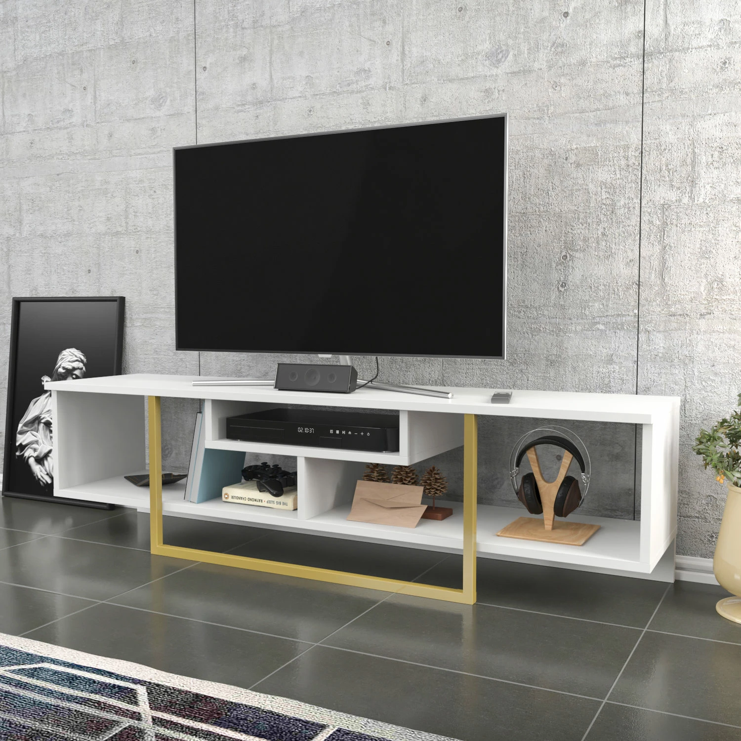 Komodë TV Hanah Home, Asal 150, e bardhë, ari