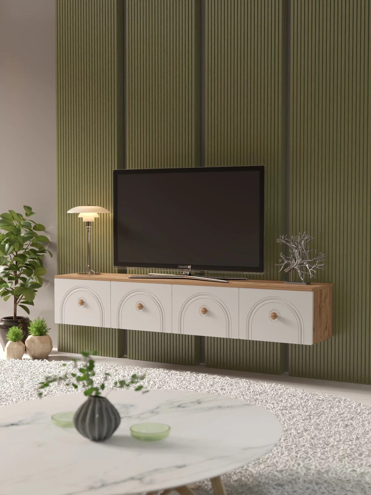 Komodë TV Skye Decor, Norvia 180, ngjyrë pishë Atlantike dhe e bardhë