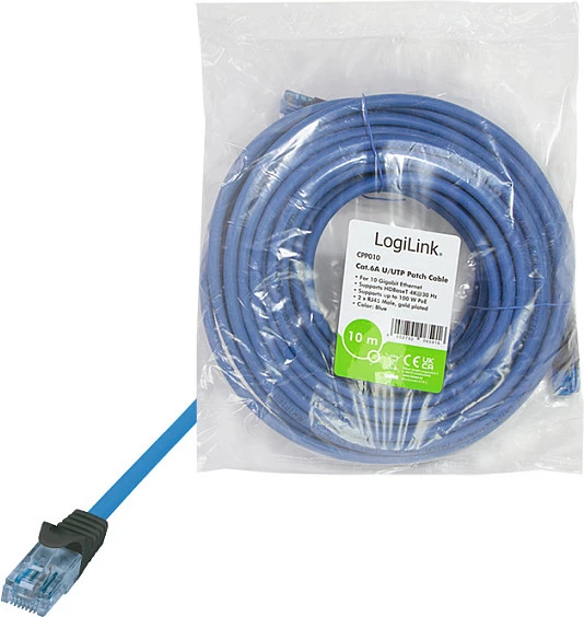Kabllo rrjeti LogiLink Cat6A Patch 10m, 10Gbps, PoE, blu