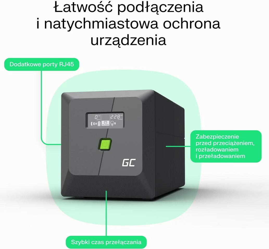UPS Green Cell UPSLM480, 0.85 kVA, 480 W, 2 dalje AC, 9 Ah, 12 V, e zezë