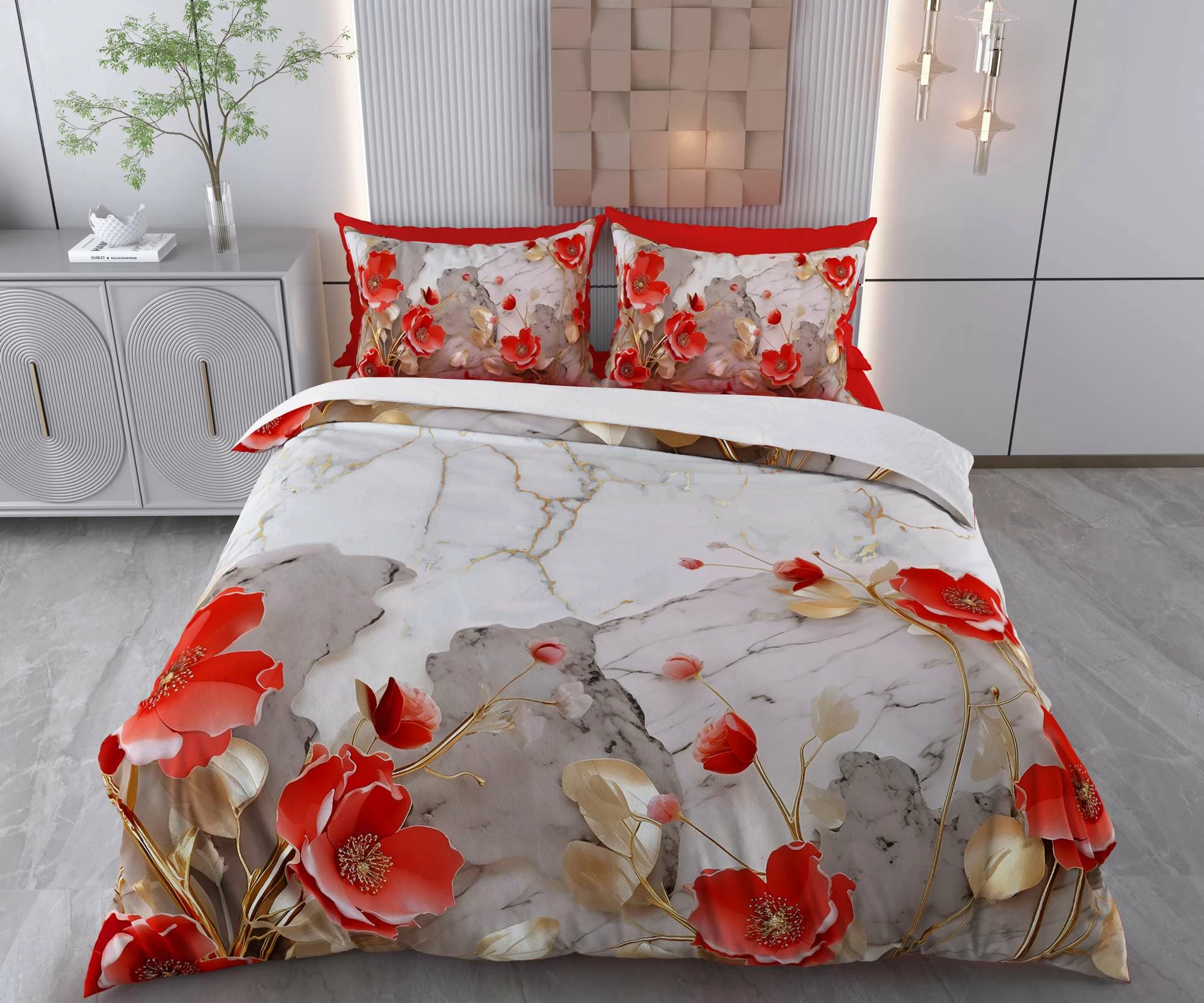 Set mbulesë jorgani teke, L'Essentiel Linge de Maison, Mihen, ngjyra të kuqe, gri, ari, të bardhë