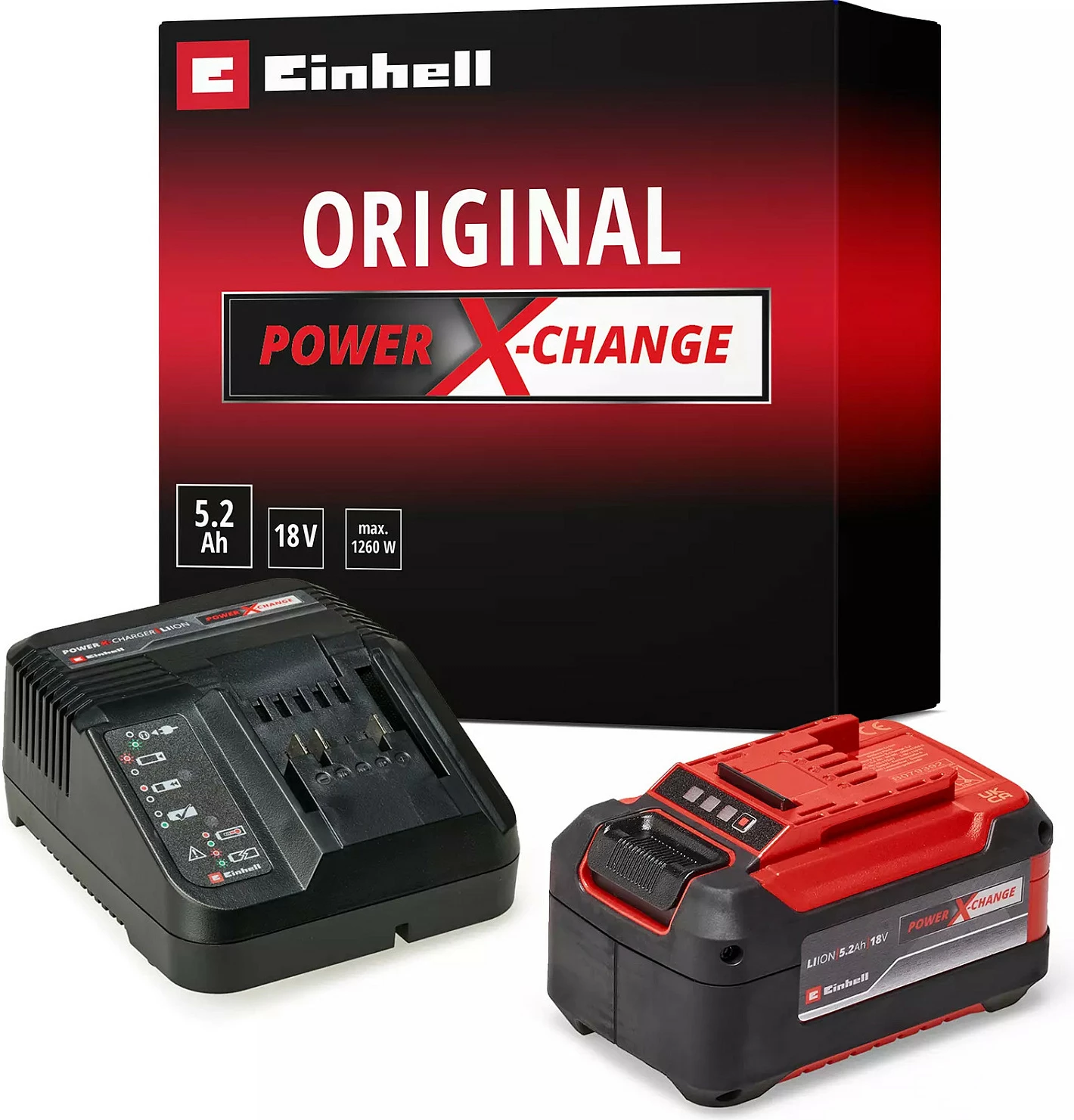 Set baterie dhe karikues Einhell Power X-Change 18V 5.2Ah, kuqe/zi