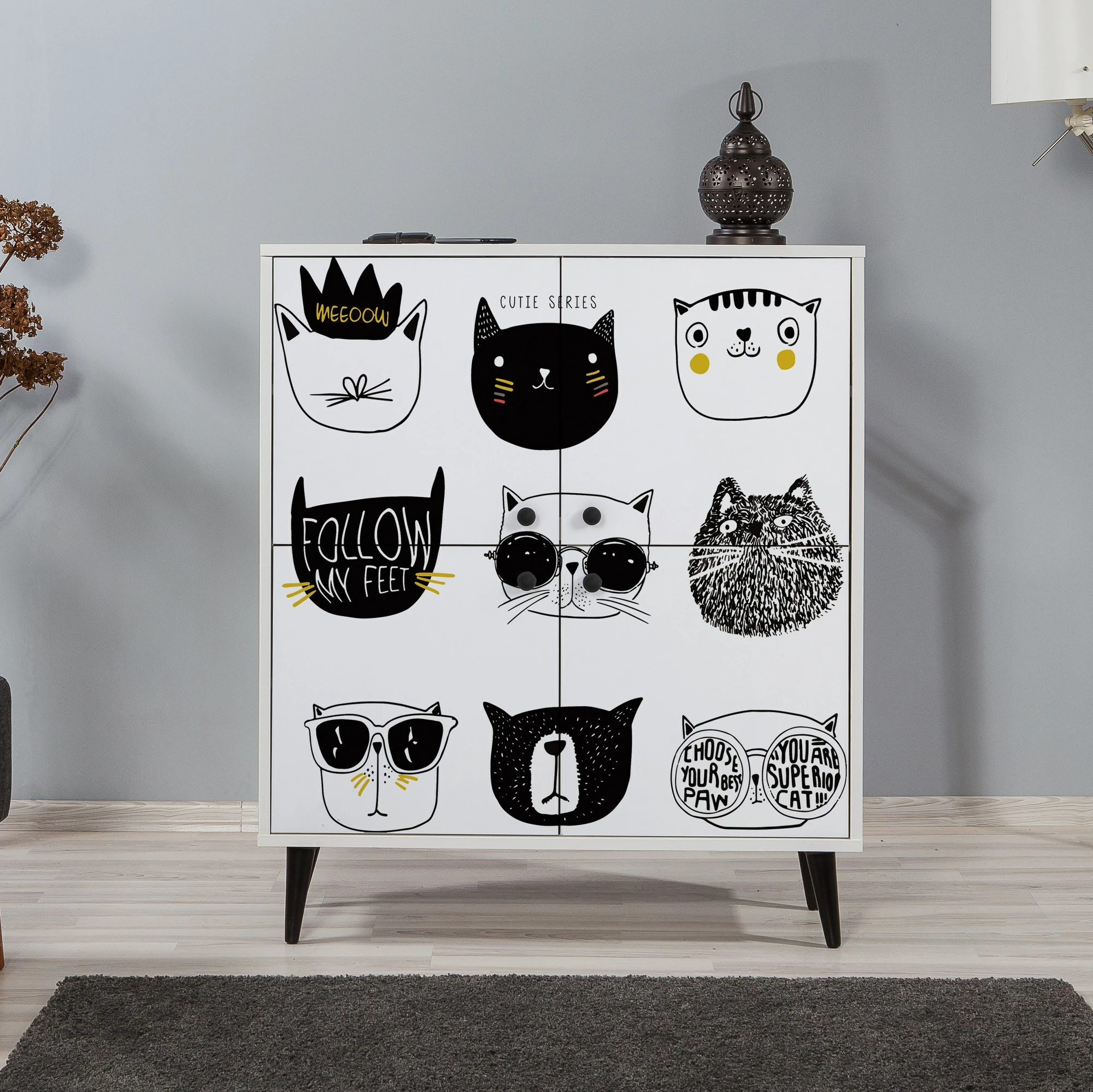 Dollap multifunksional Hanah Home, Multilüx Cats, i bardhë, i zi, i verdhë