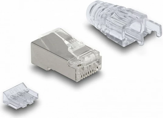 Steker RJ45 DeLOCK Cat6, me kapëse të lakuar, me mbrojtëse kthese, 50 copë, gri/transparent