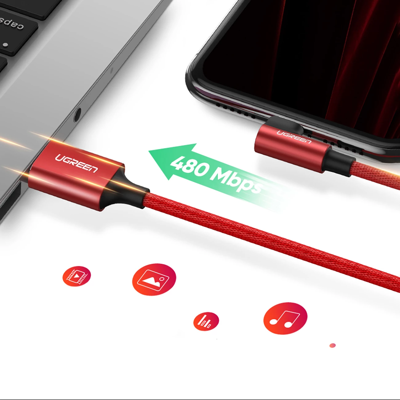 Kabllo Ugreen US299 60555, Lightning/USB-A, 1m, 2.4A, e kuqe