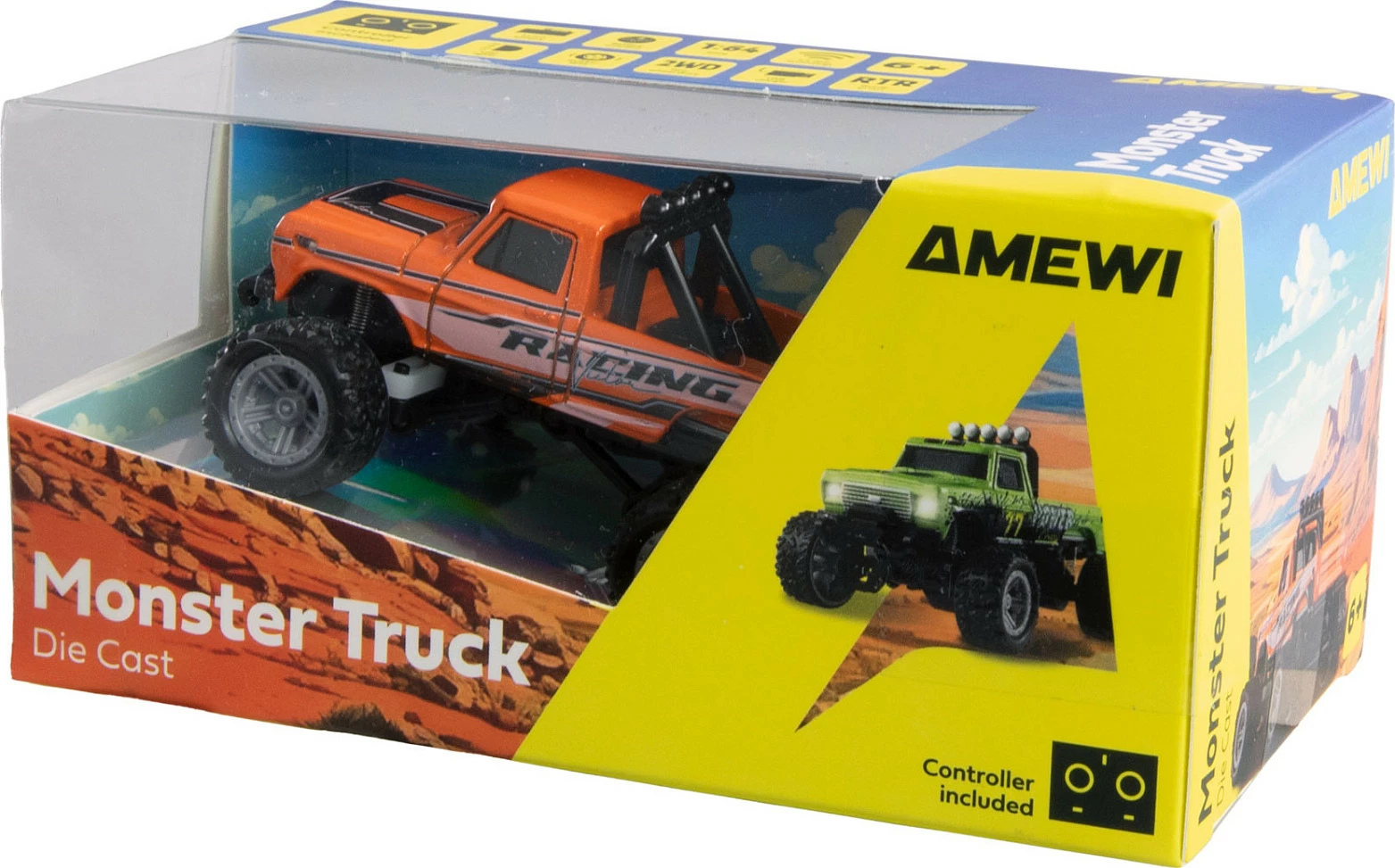 Kamion lodër RC AMEWI 22705 Monster Truck, 1:64, 2.4GHz, bateri 200mAh, portokalli