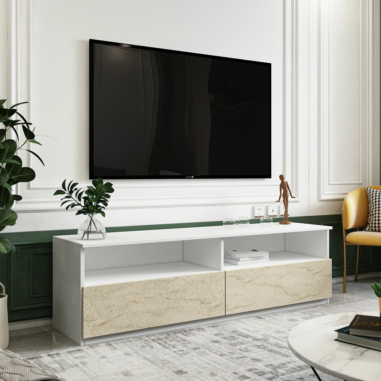 Konsolë TV, ngjyrë e bardhë dhe travertin, Skye Decor