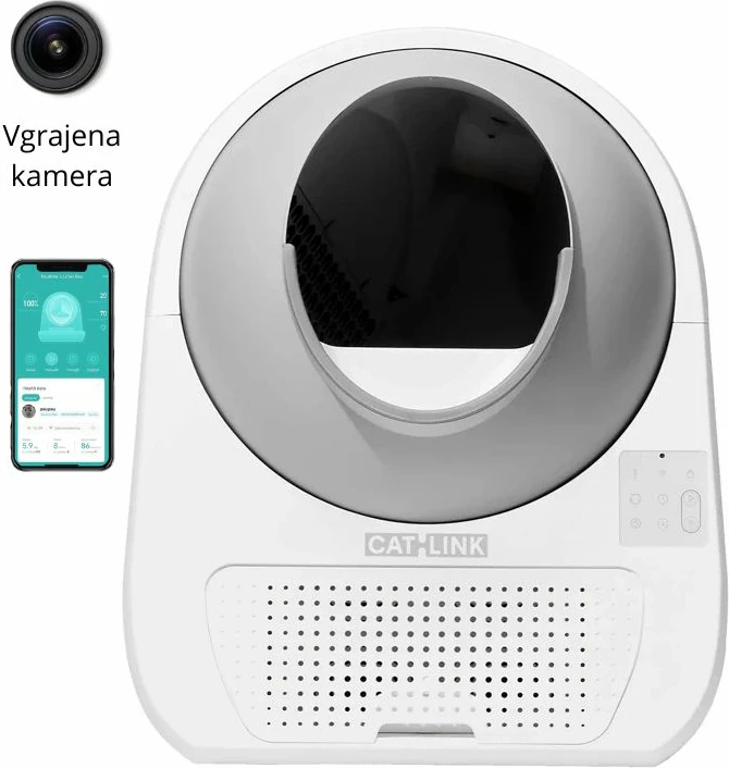 Kuti rëre automatike inteligjente për mace Catlink Pro ULTRA, kamerë 1080p, audio dy-kahësh, monitorim shëndeti, e bardhë