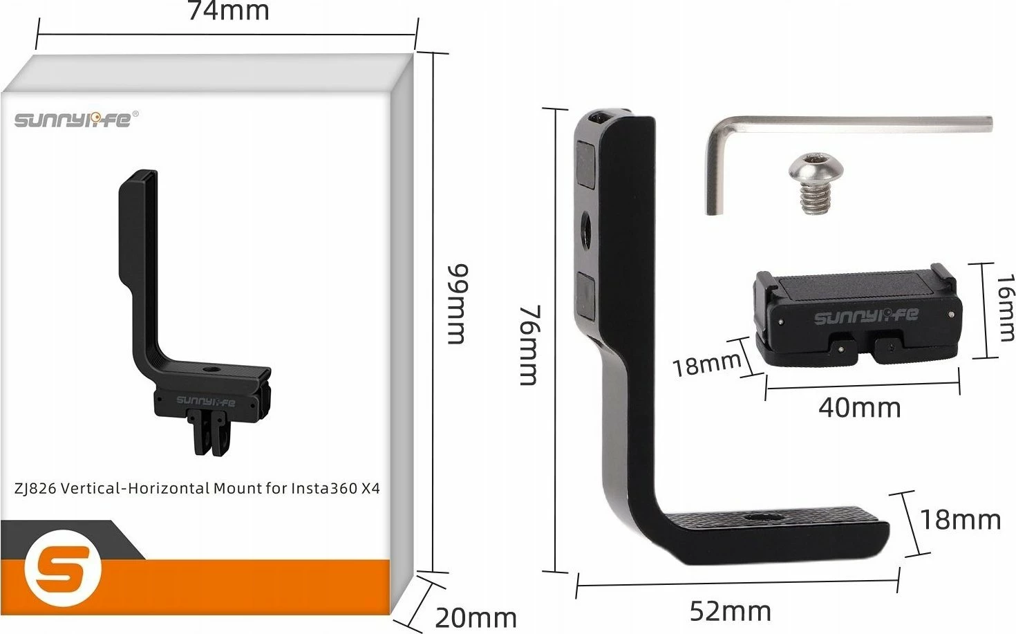 Mbajtës kornizë SunnyLife X4-ZJ826-D për Insta360 X4, 1/4'' thread, standard GoPro, quick-release magnetik, e zezë, set