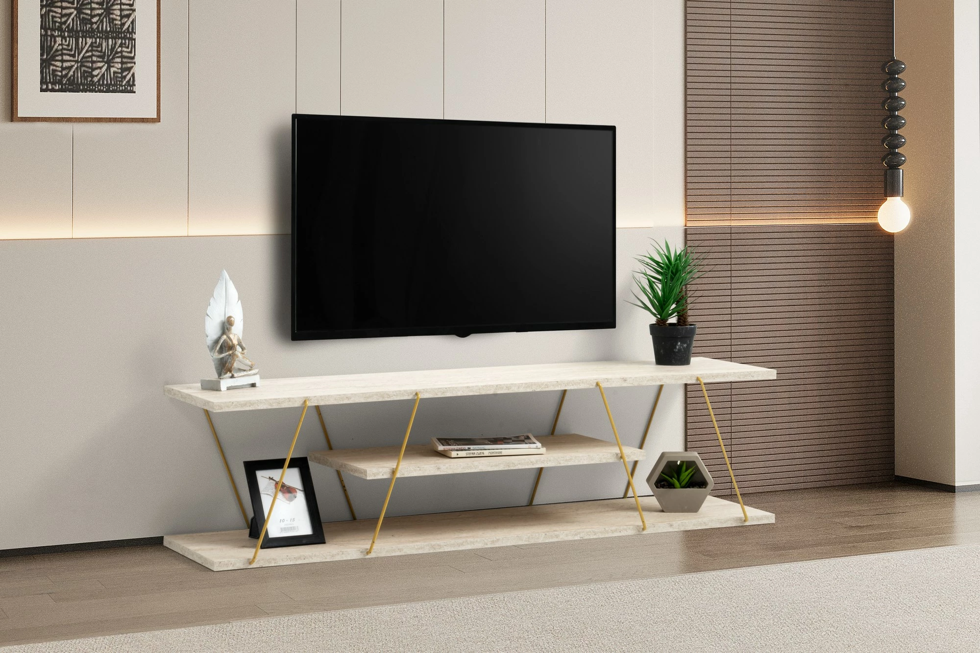 Komodë TV Hanah Home, Canaz, ngjyrë ari dhe travertin
