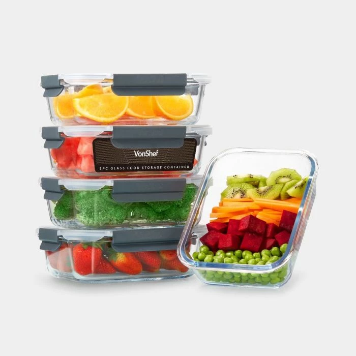 Set enë ruajtje ushqimi prej qelqi VONSHEF 1500124, borosilikat 1050 ml, me kapak hermetik anti-rrjedhje, 5 copë, transparente me kapakë gri
