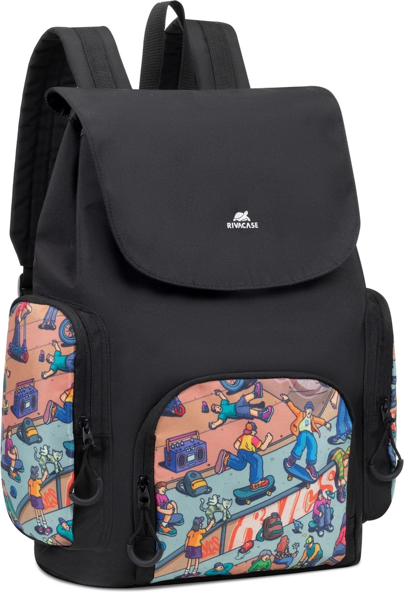 çantë shpine shkollore RIVACASE 5425 Agora 15L waterproof, print “Skaters”, e zezë