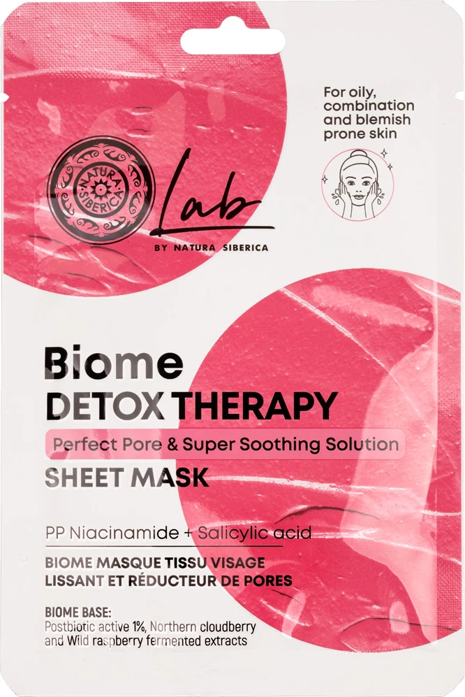 Maskë për fytyrë për femra Natura Siberica Lab Biome Detox Therapy Cleansing and Smoothing Sheet Mask, 25g