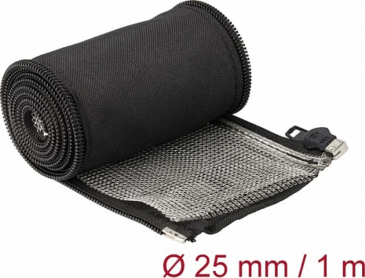 Mbështjellës i thurur për ekranim EMI DeLOCK, 1m x 25mm, me zinxhir, rezistent ndaj nxehtësisë, i zi