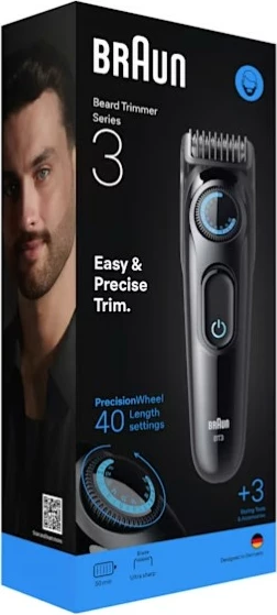 Makinë rroje Braun Series 3 BT3520, 40 nivele, 2 krehra, i zi/blu