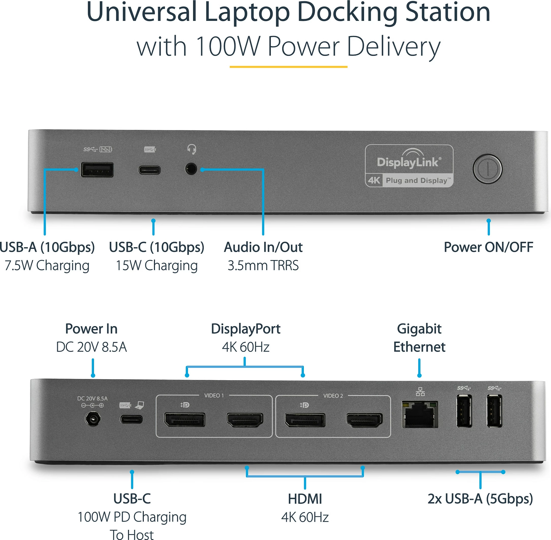 Stacion dokimi për laptop StarTech DK30C2DPEPUE, USB-C/USB-A Hybrid, Dual 4K DP/HDMI, 100W PD, 4x USB 5Gbps, GbE, zezë/hiri