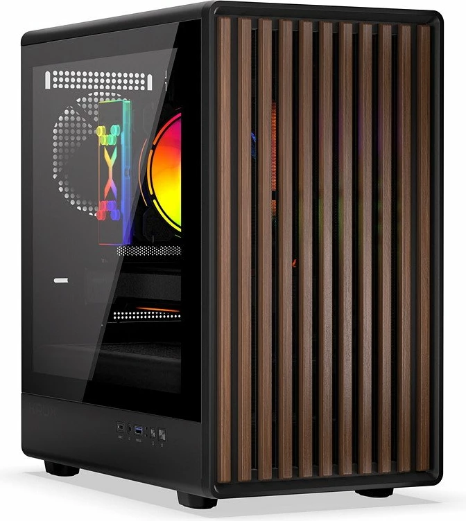 Kasë Krux Helio KRXD011 Mini Tower microATX/Mini-ITX, USB-A 3.0 + USB-C, panel anësor xham i temperuar, e zezë me dru