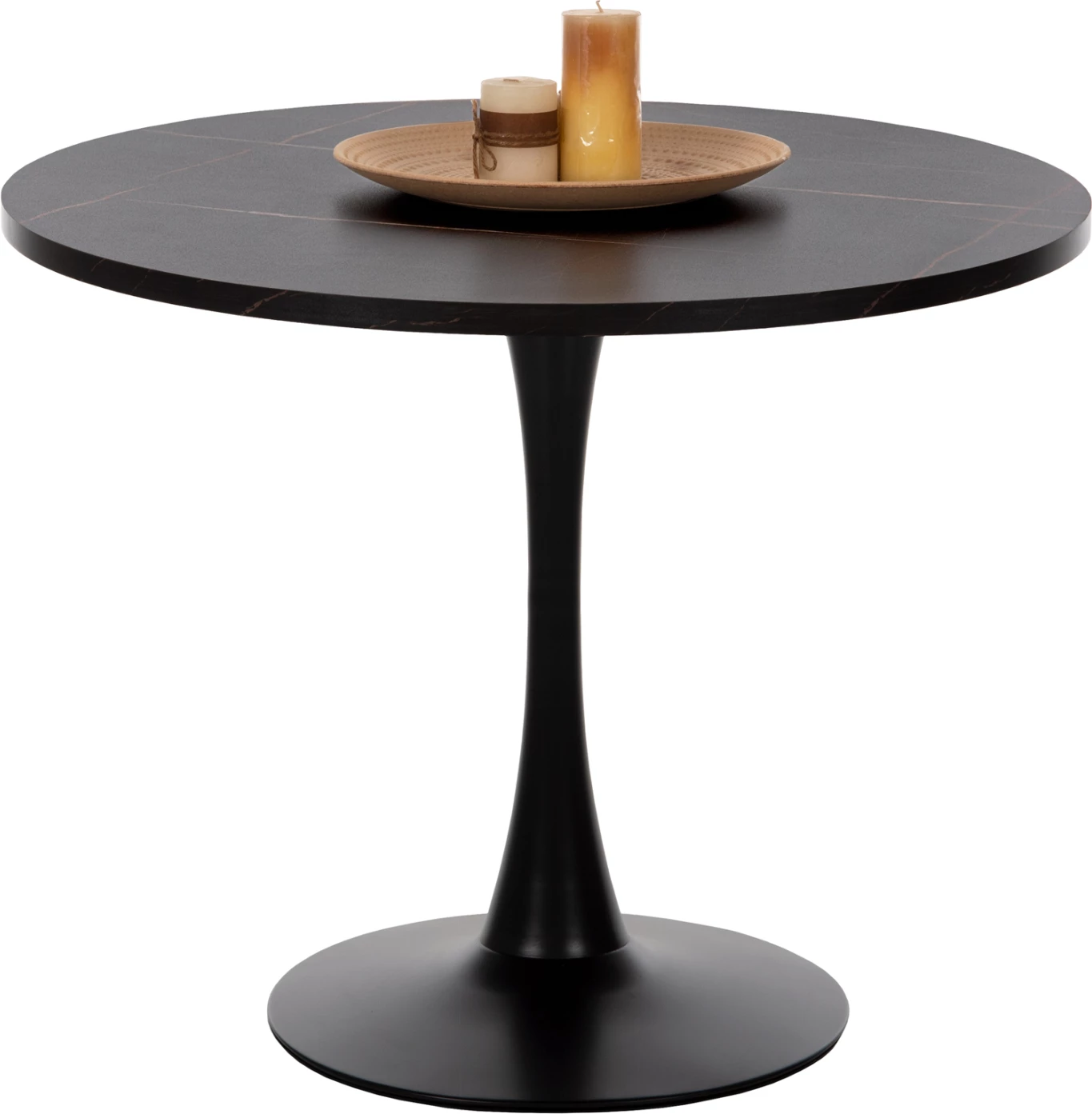 Tavolinë e rrumbullakët ngrënieje Rollo, melaminë ngjyrë mermeri të zi, këmbë metalike, FH9421.12, 90x74cm