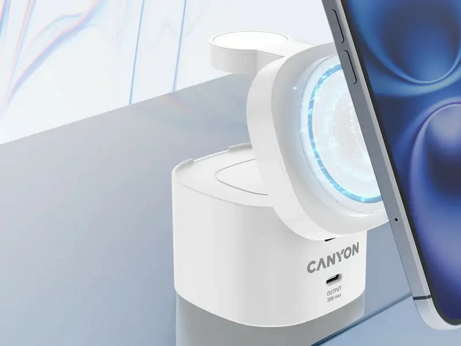 Stacion karikimi pa kabllo Canyon 4n1 30W, Qi2/USB-C PD, me adapter 65W, i bardhë