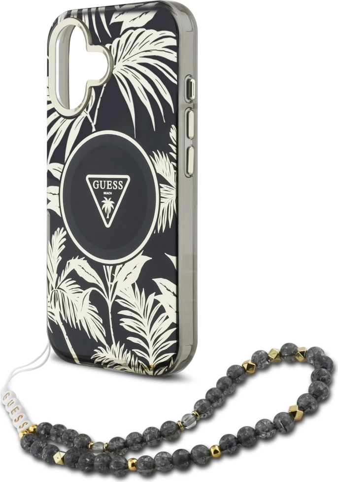 Mbështjellës Guess Palm Trees Triangle Pearl Strap MagSafe për iPhone 16, i zi