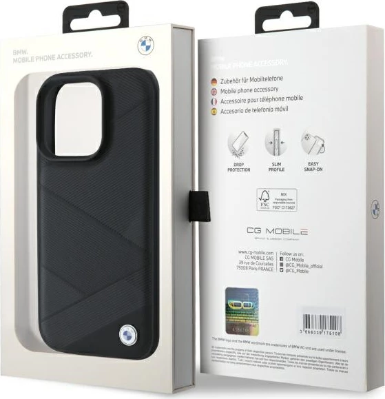 Mbështjellës BMW Sign Leather Crossing Lines Pattern për iPhone 16 Pro Max, lëkurë, zi