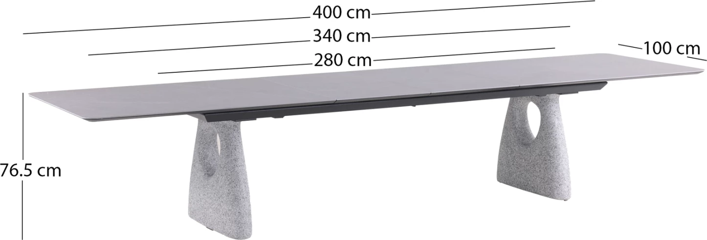 Tavolinë e zgjatshme për jashtë GOFFEN, alumin ngjyrë gri e errët, sipërfaqe prej guri të sinterizuar, 240-300x100x76.5cm