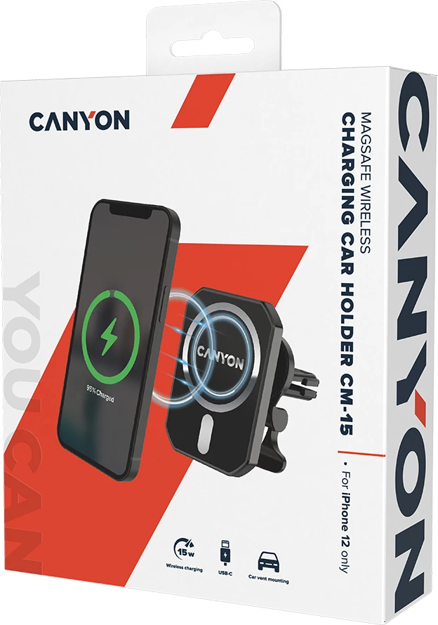 Mbajtës magnetik për veturë me karikues wireless CANYON CH-15 (CM-15) 15W, i zi