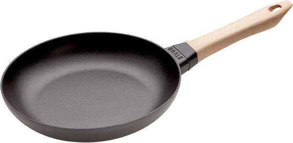 Tigan me dorezë druri, 24 cm, i rrumbullakët, i zi, prej gize