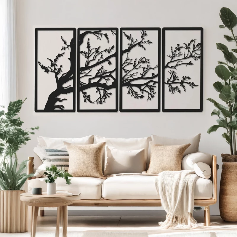 Dekor muri Zenta, set prej 4 pjesësh, metal i zi, 20x1.5x50cm