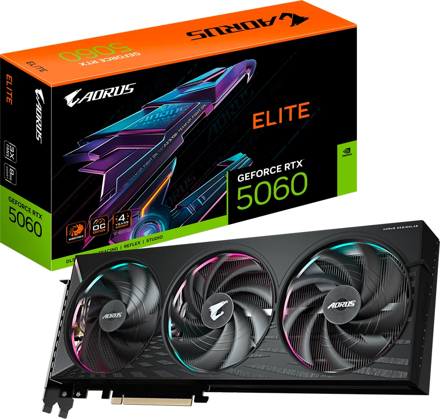Kartë grafike GIGABYTE AORUS GeForce RTX 5060 ELITE 8G, 8GB GDDR7, 128-bit, PCIe 5.0, 3x DP, 1x HDMI, paketim retail, e zezë