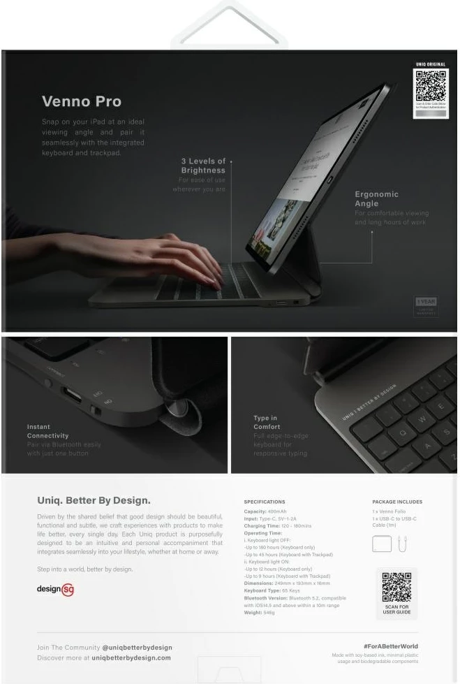 Mbështjellës magnetik me tastierë UNIQ Venno Pro për iPad Pro 11" (2024/2025), i zi, set me kabllo USB-C